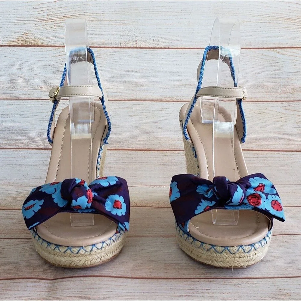 Kate Spade Espadrille Wedge Ankle Strap Sandals with Floral Print Bows